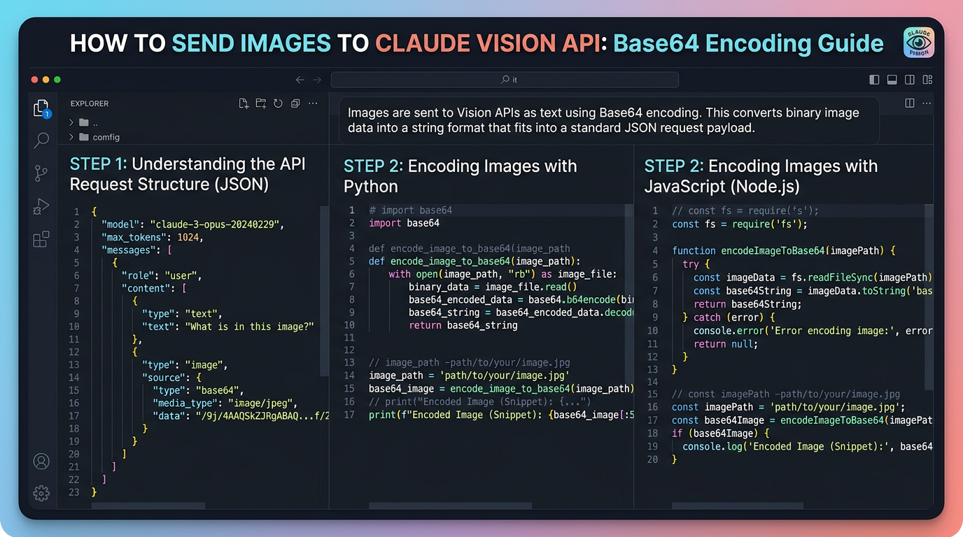Claude Vision image understanding tutorial code editor showing JSON API request and base64 image encoding examples in Python and JavaScript