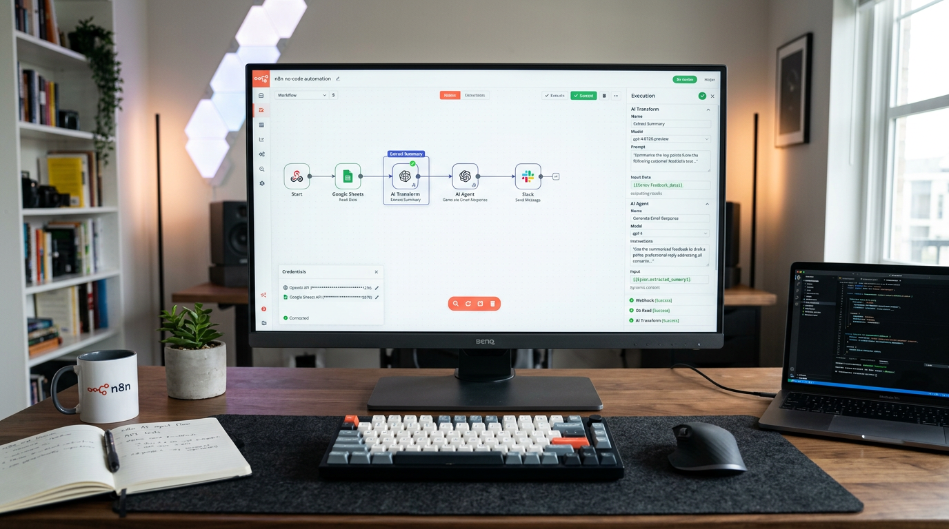 n8n automation workflow editor integrating AI models with AI Agent and AI Transform nodes