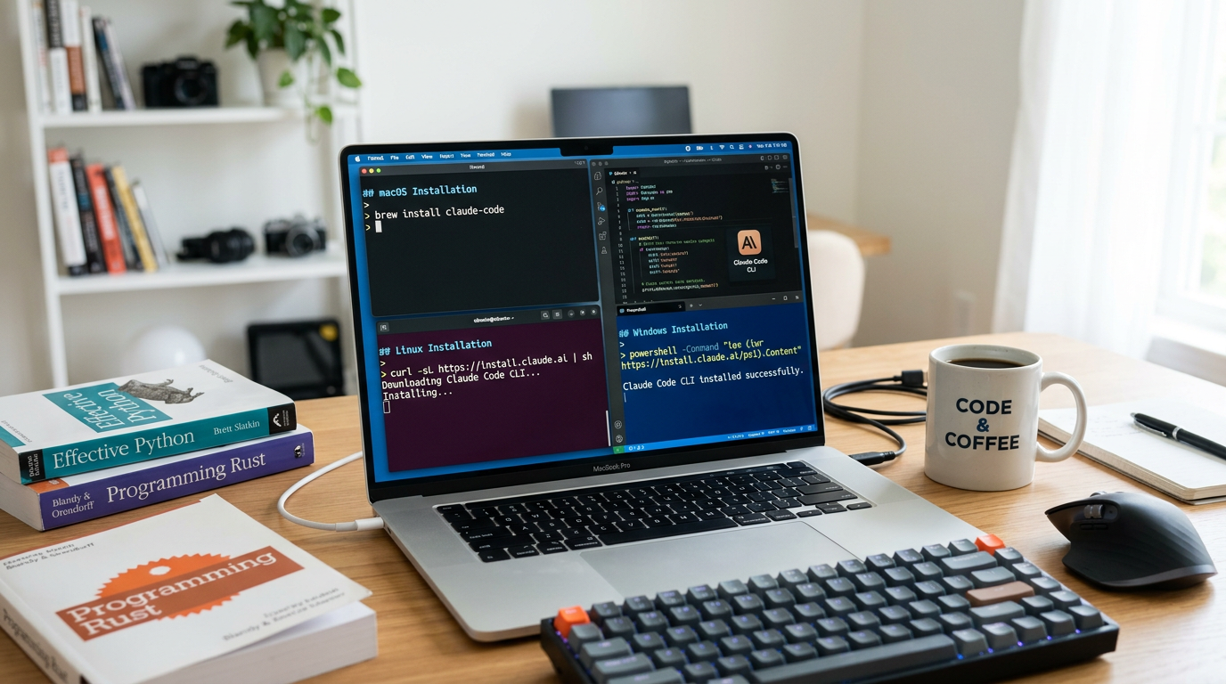 Claude Code CLI installation commands shown on a developer laptop terminal in a clean workspace