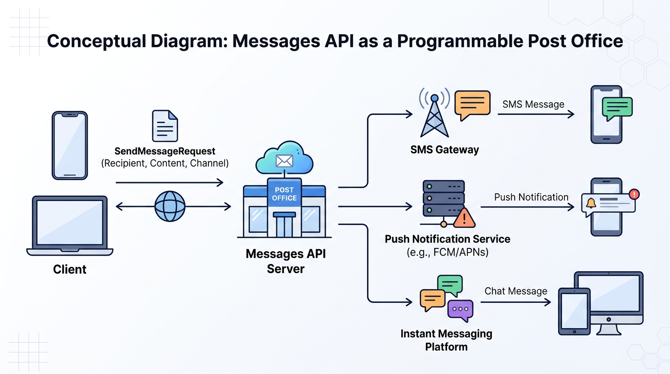 Messages API tutorial diagram showing client sending messages through an API server for delivery