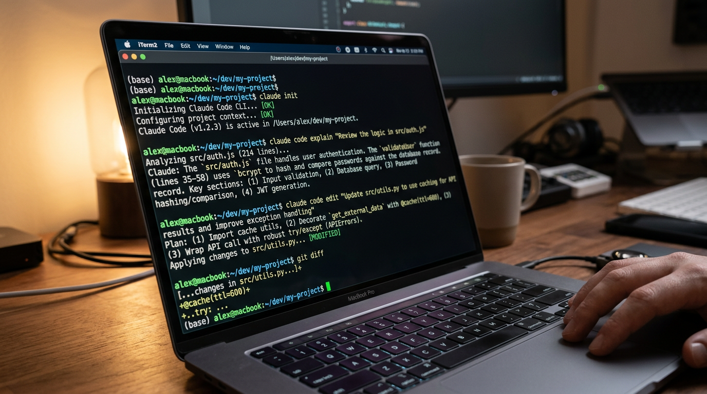 Running first Claude Code CLI command in terminal within a project directory on a developer laptop