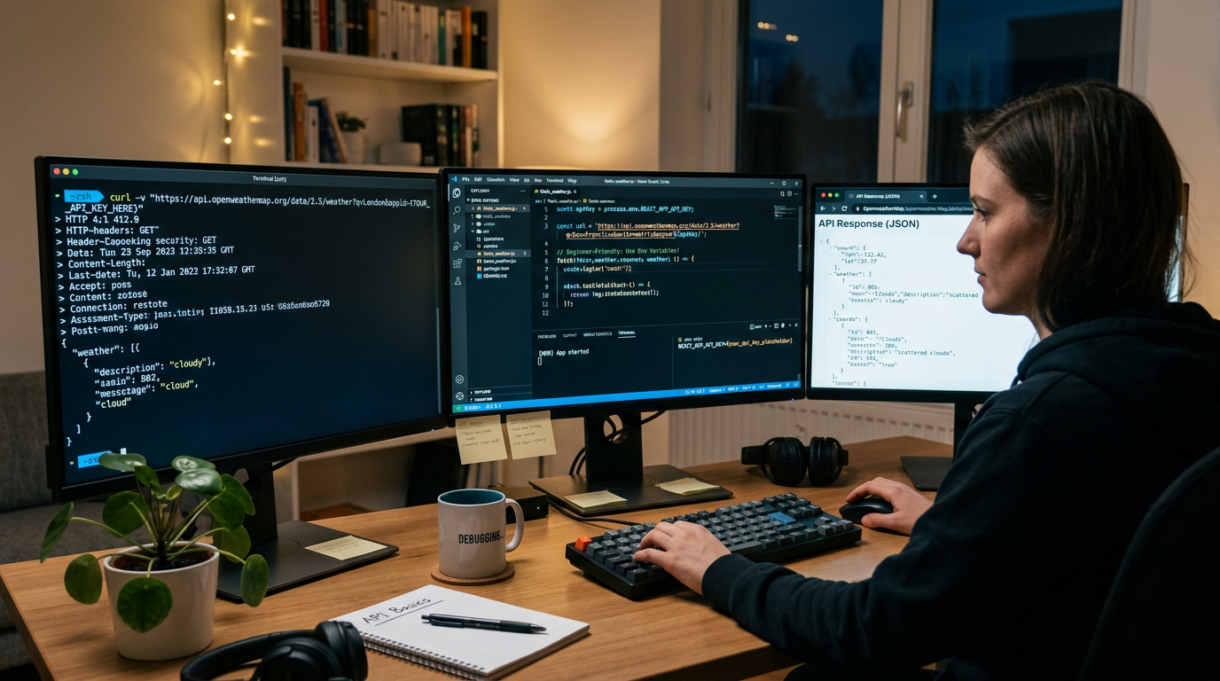 developer workspace showing how to get API key and make first API call with terminal and code editor