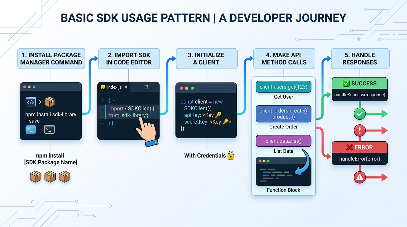 Basic SDK usage pattern flowchart with install, import, initialize, call methods, and handle errors steps