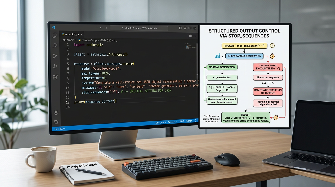 Claude API parameters tutorial showing stop sequences usage for precise AI output control with code and flowchart