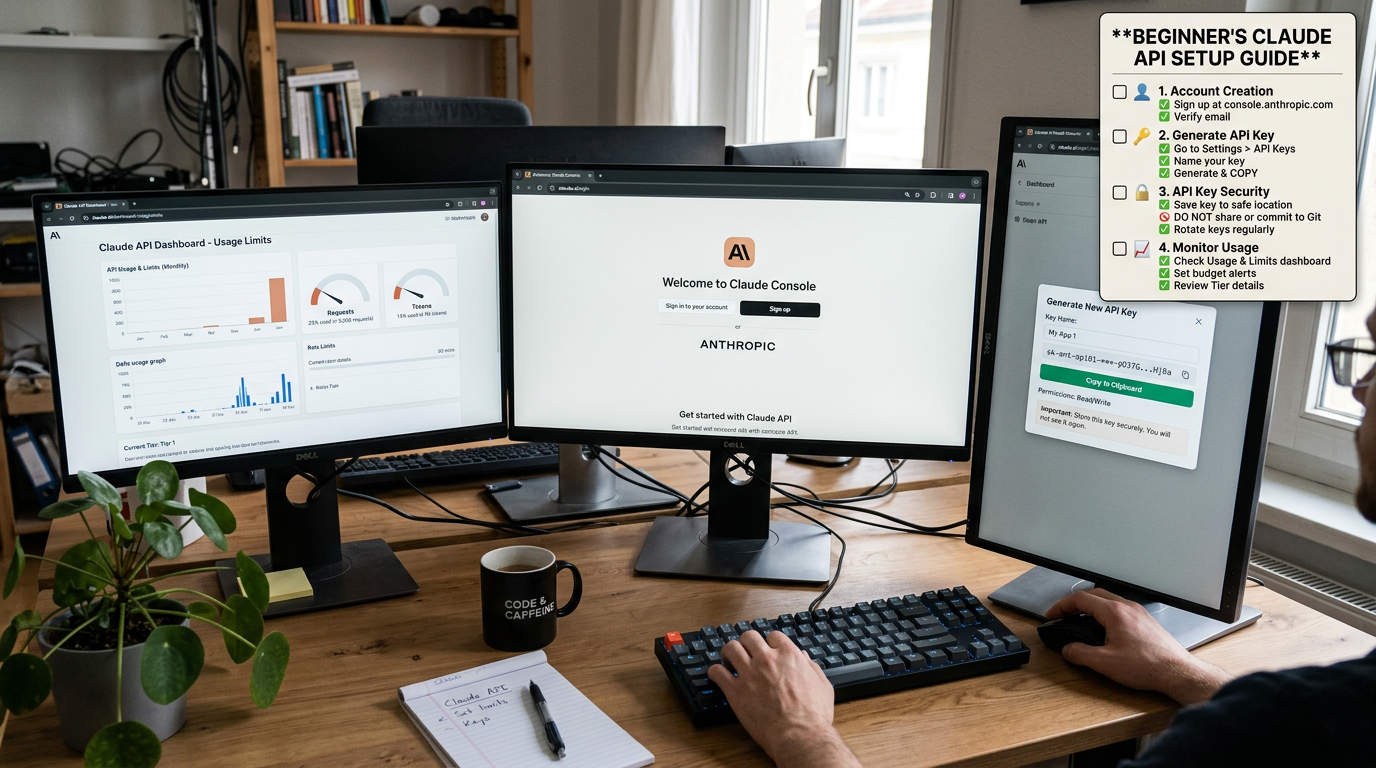 Claude Developer Platform account setup workflow with login page and API key generation