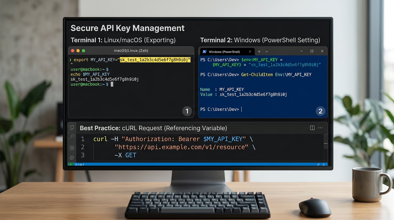 Developer workspace showing secure Claude API key setup using environment variables in terminals