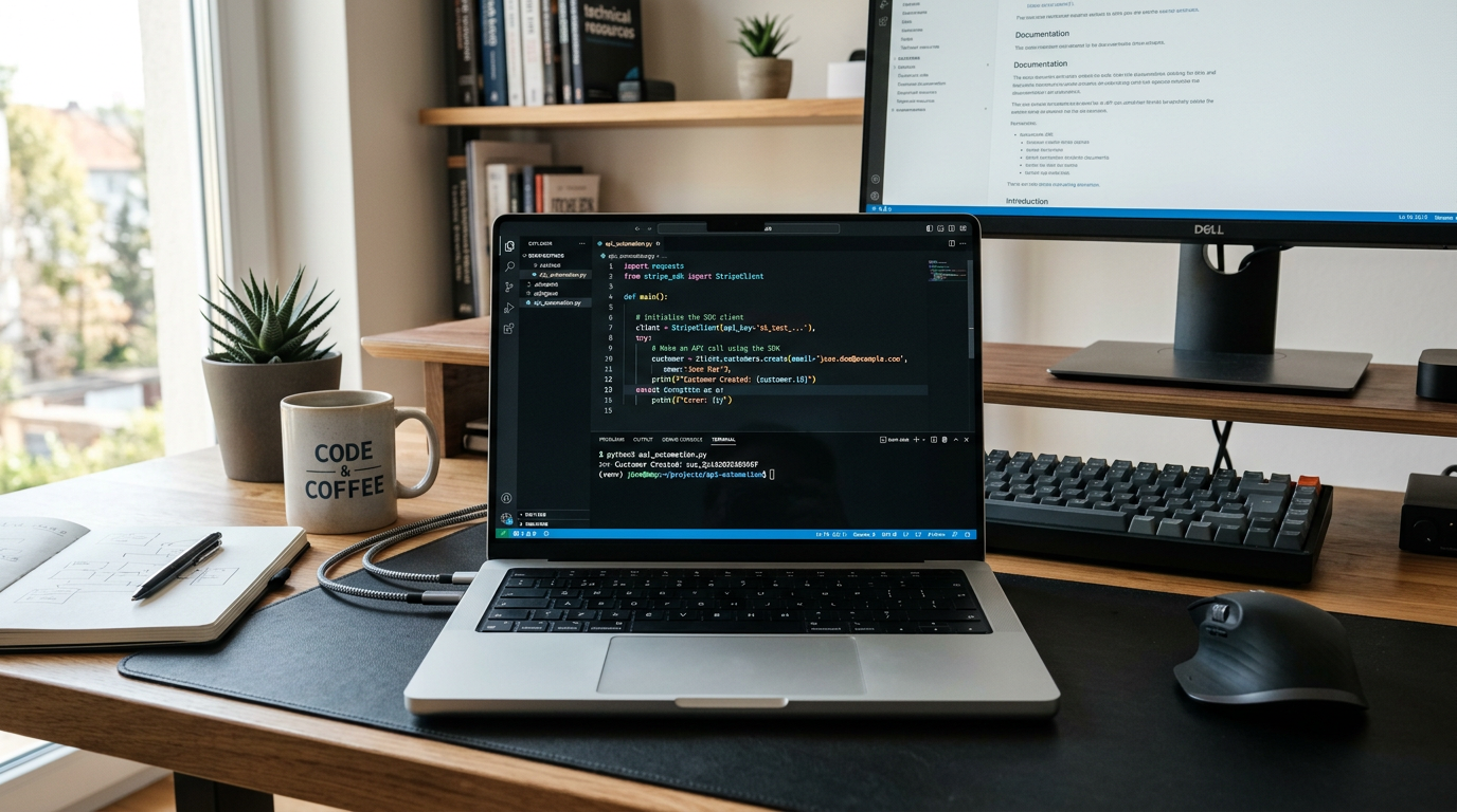 Developer workspace showing SDK vs CLI tutorial with Python SDK code sample on screen