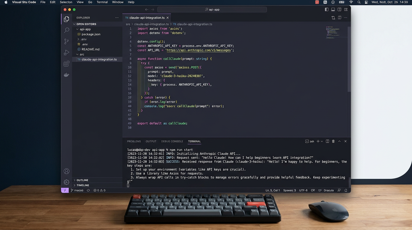 TypeScript code example of first Node.js Claude API integration in a code editor with terminal response output