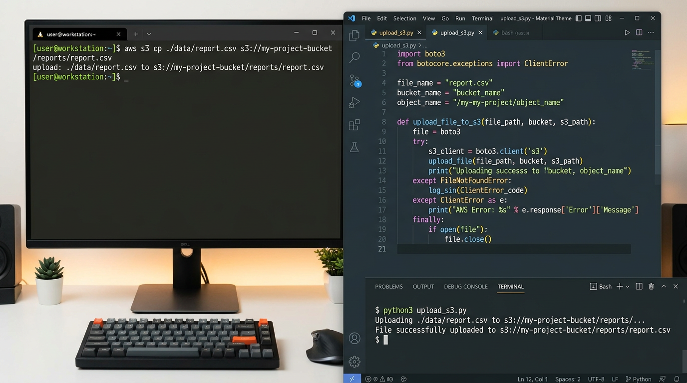 Split screen showing AWS CLI command and Python SDK code illustrating the difference in SDK vs CLI
