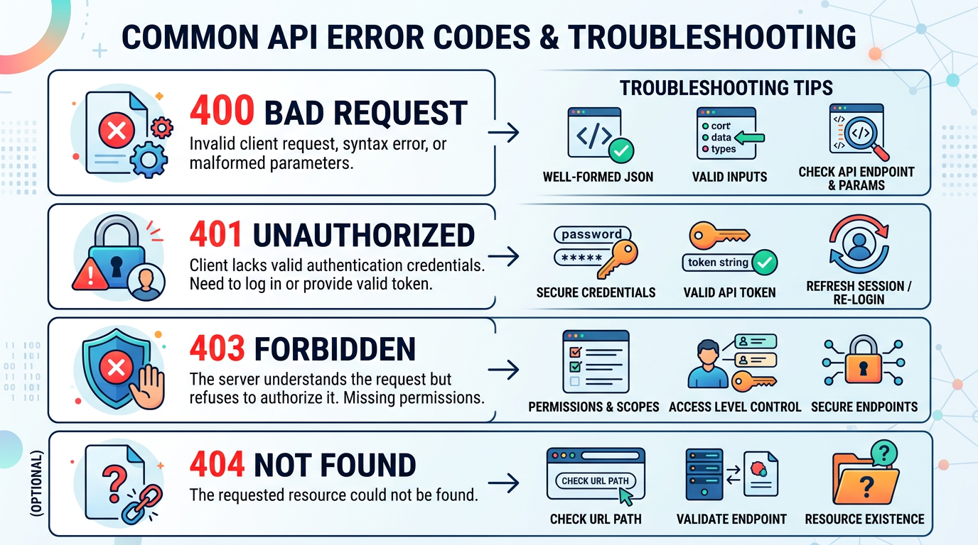 Common API mistakes infographic with error codes and fixes for Messages API tutorial