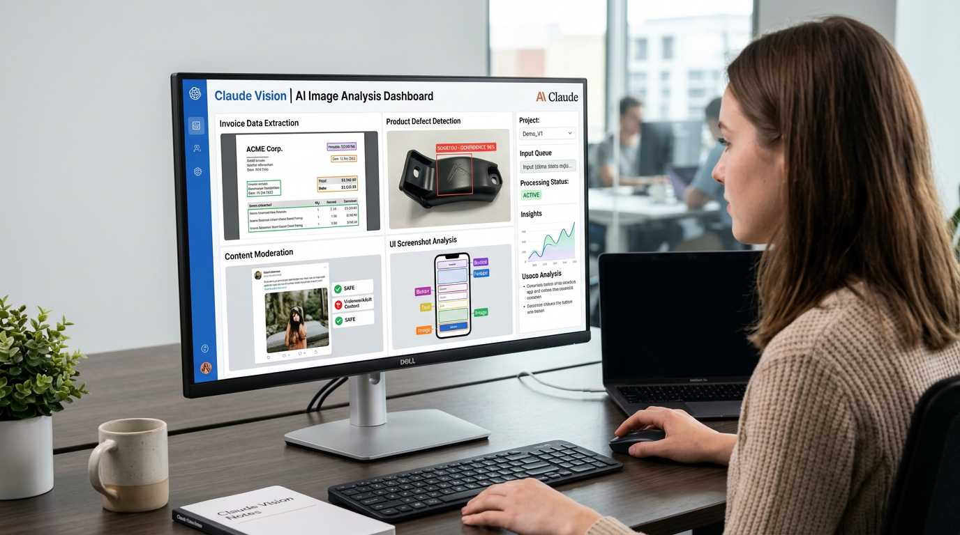 Claude Vision image understanding tutorial dashboard showing AI analyzing receipts, product photos, and screenshots