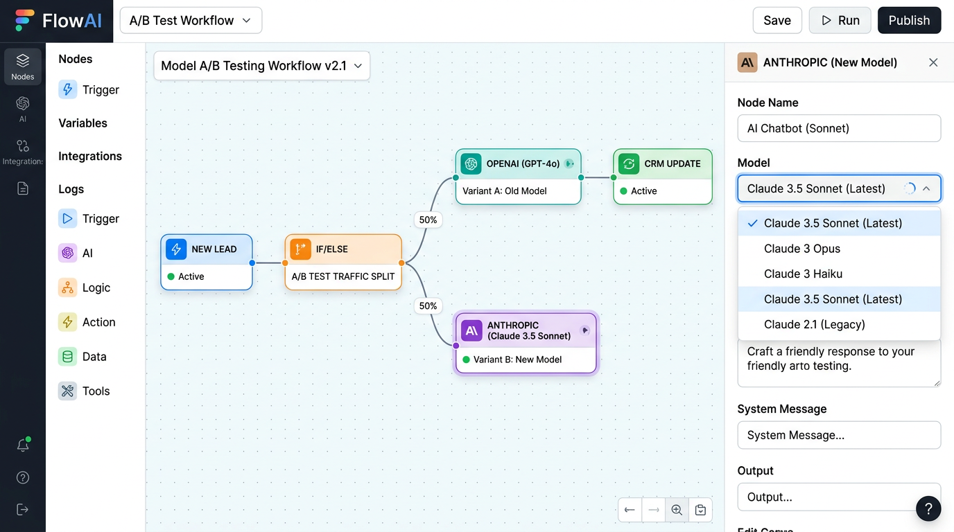 n8n automation workflow editor showing AI nodes and model migration configuration