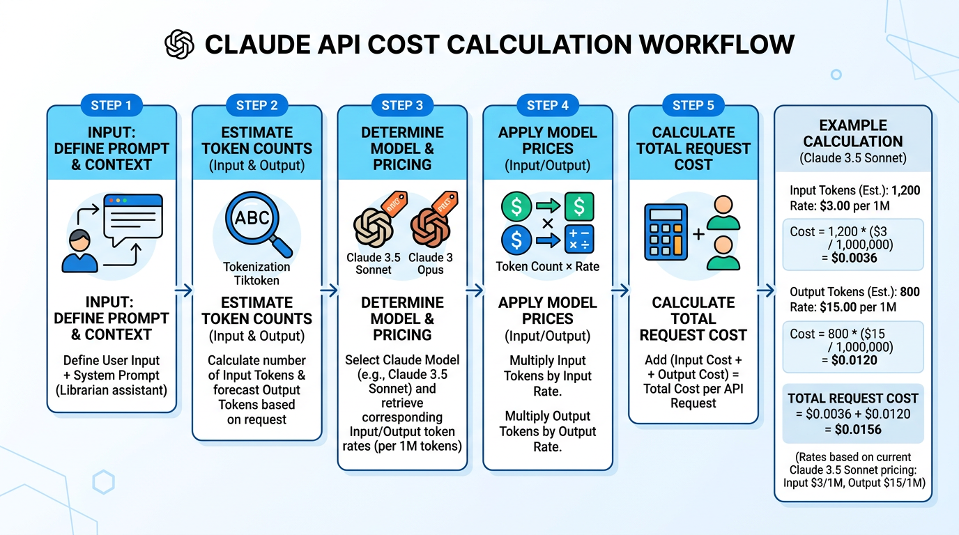 Detailed Claude API pricing guide diagram showing how to calculate API costs with token counts and model rates