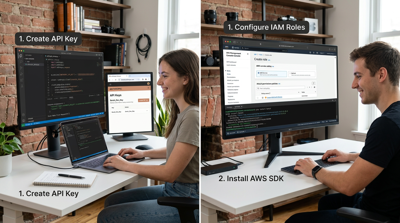 Developer workspace showing Getting Started steps for Claude API and AWS Bedrock setup side by side