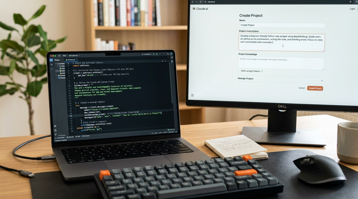 Developer workspace showing code and Claude.ai interface defining Claude personality with system prompts