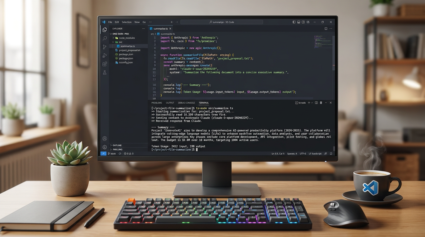TypeScript file summarizer integration with Claude API showing code editor and terminal summary output