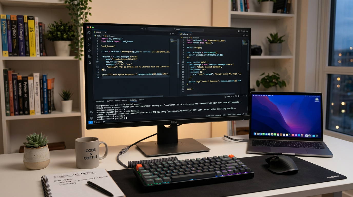 Developer workspace displaying Python and JavaScript code export from Claude Workbench prompts