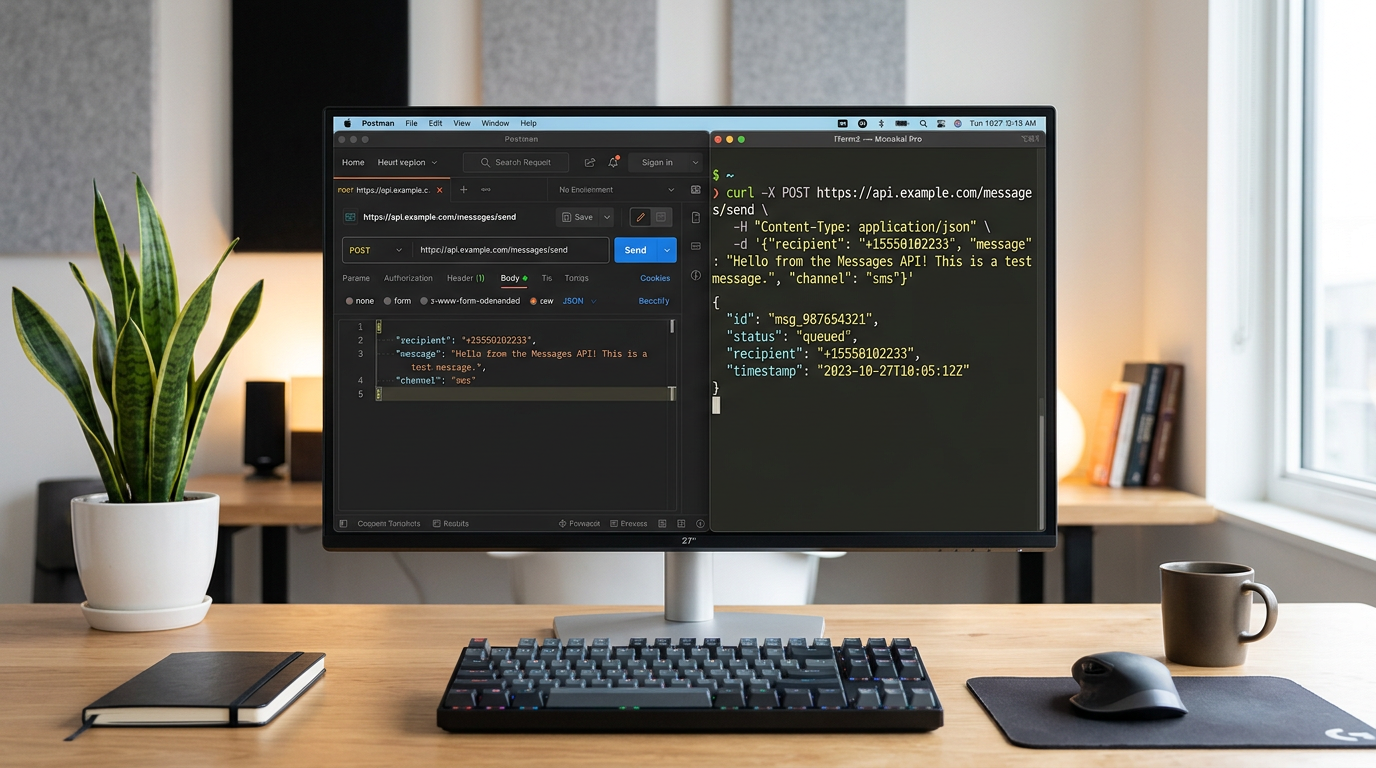 Messages API tutorial workspace showing Postman and cURL request setup for sending SMS