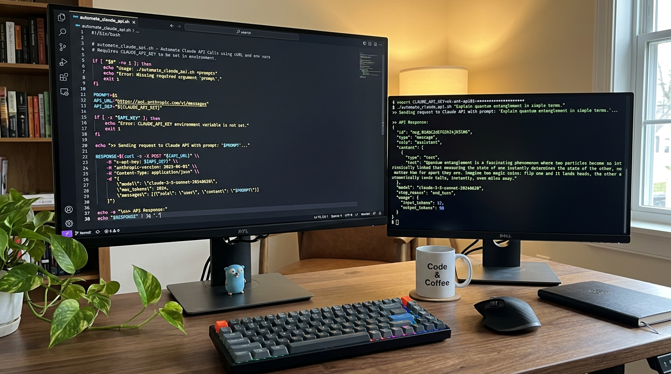 Beginner-friendly Claude API cURL tutorial showing shell script automation for API calls on developer desktop