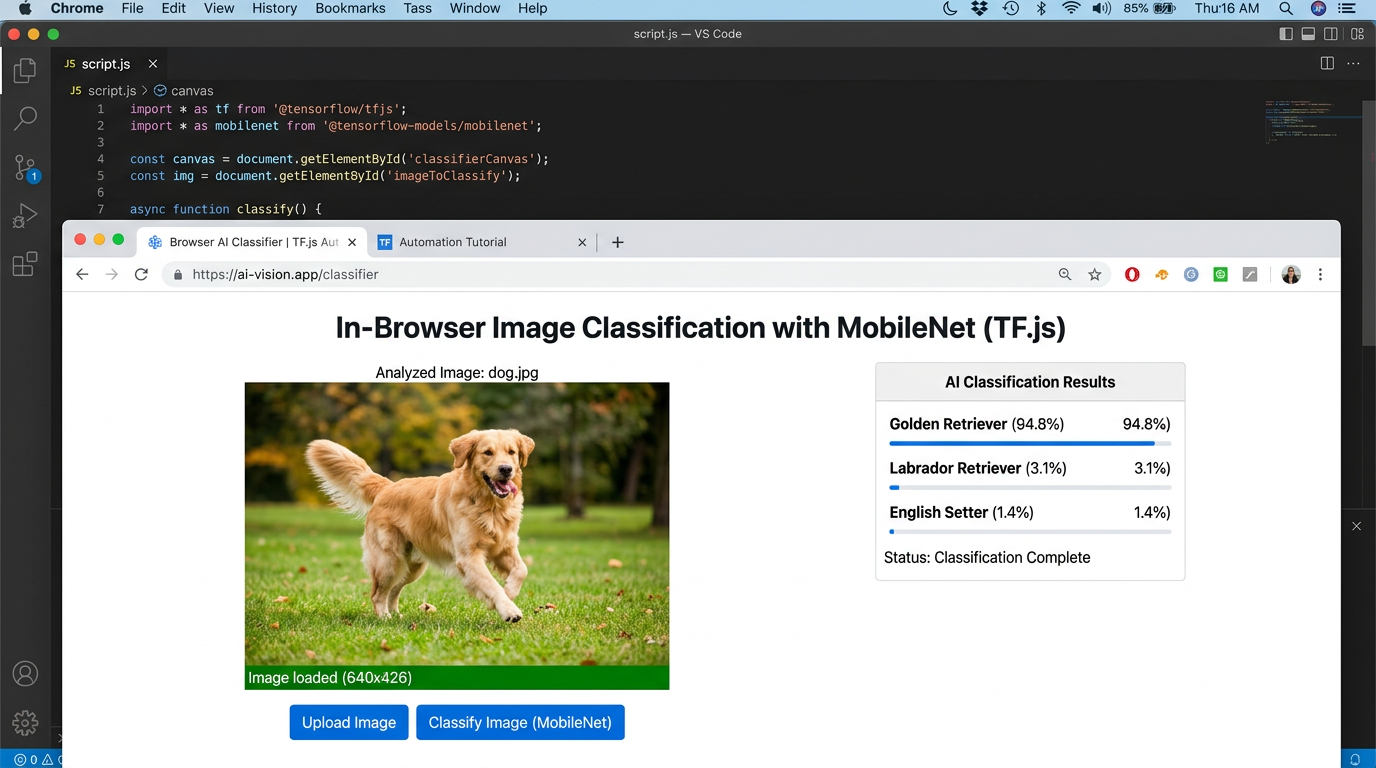javascript image converter with AI image classification results in browser