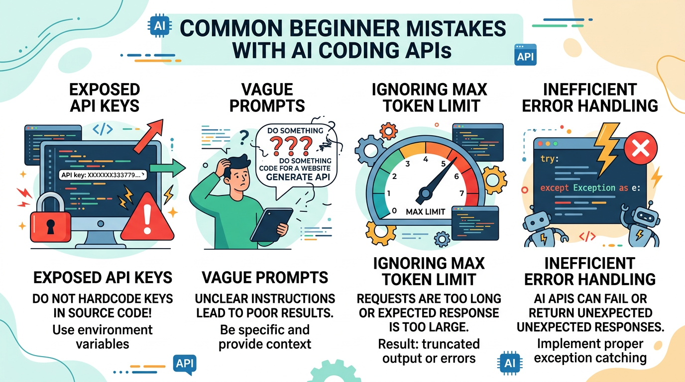 Infographic showing common beginner mistakes in AI API usage: API key exposure, vague prompts, token limits, and error handling