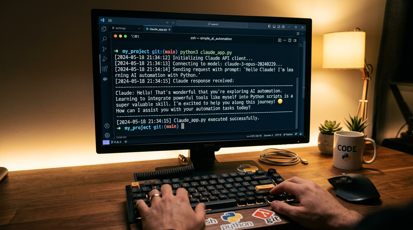 Terminal running Claude app tutorial Python script with AI response output