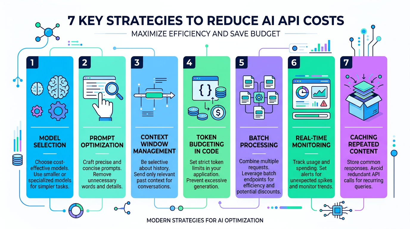 Claude API pricing guide infographic displaying seven strategies to reduce AI API costs with icons and brief descriptions