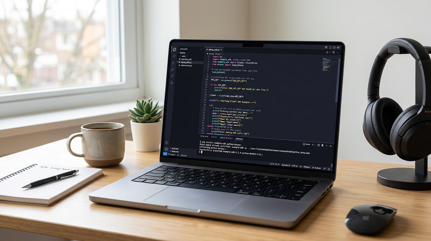 Python SDK tutorial code example in IDE showing Getting Started with Client SDKs