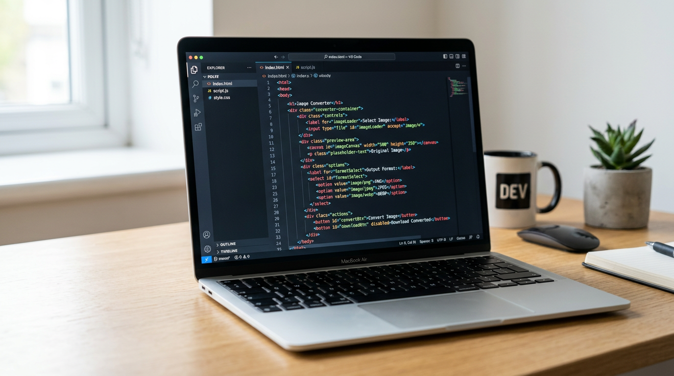 javascript image converter HTML interface code in editor on laptop screen