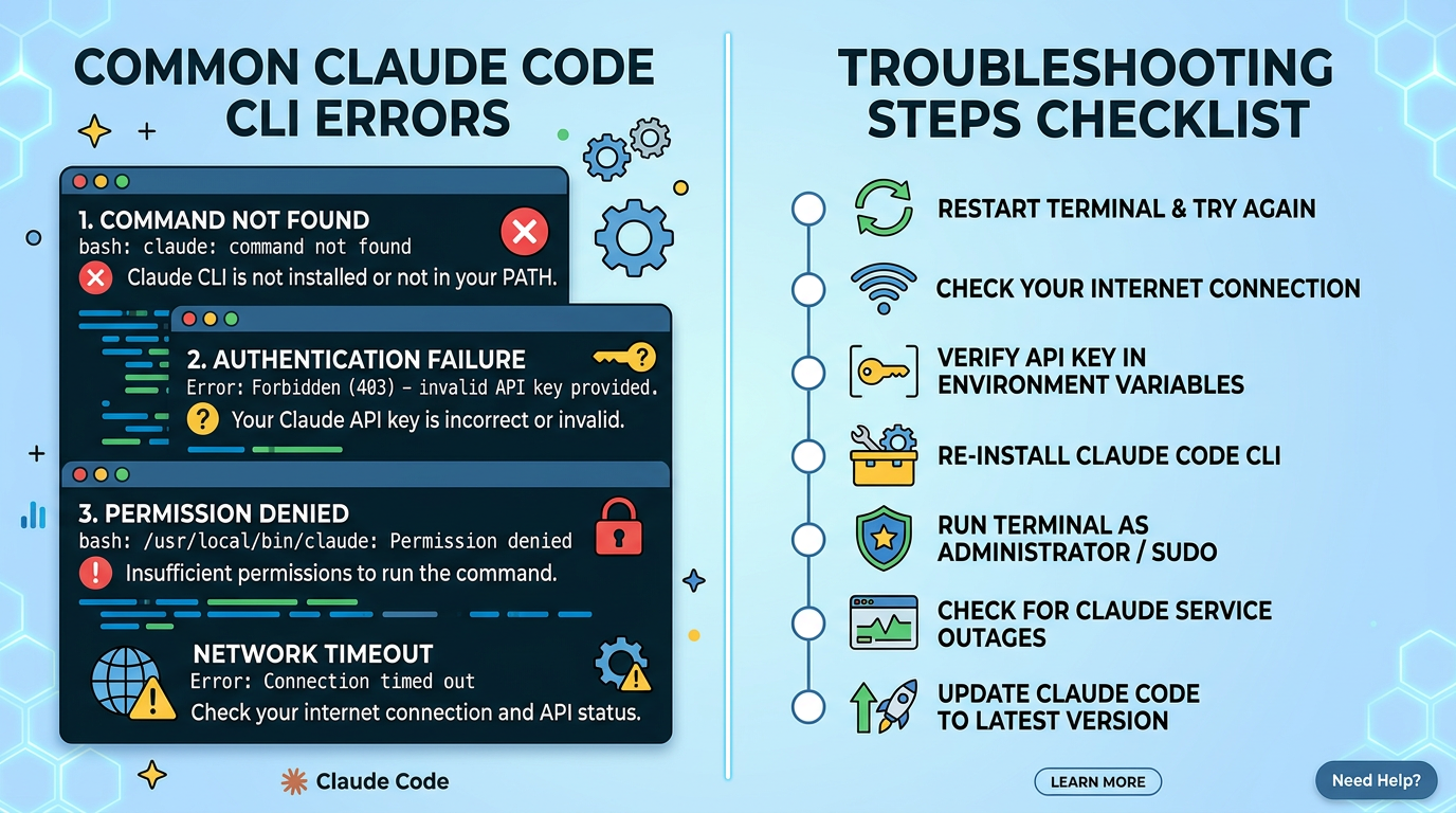 Claude Code CLI troubleshooting tips with terminal errors and visual solution checklist