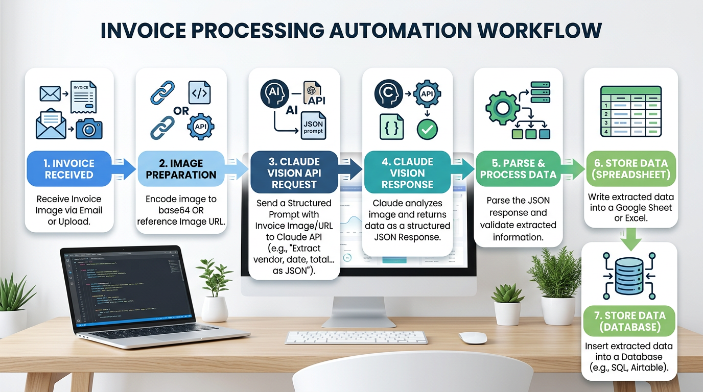 Automation workflow diagram for document data extraction using Claude Vision image understanding tutorial