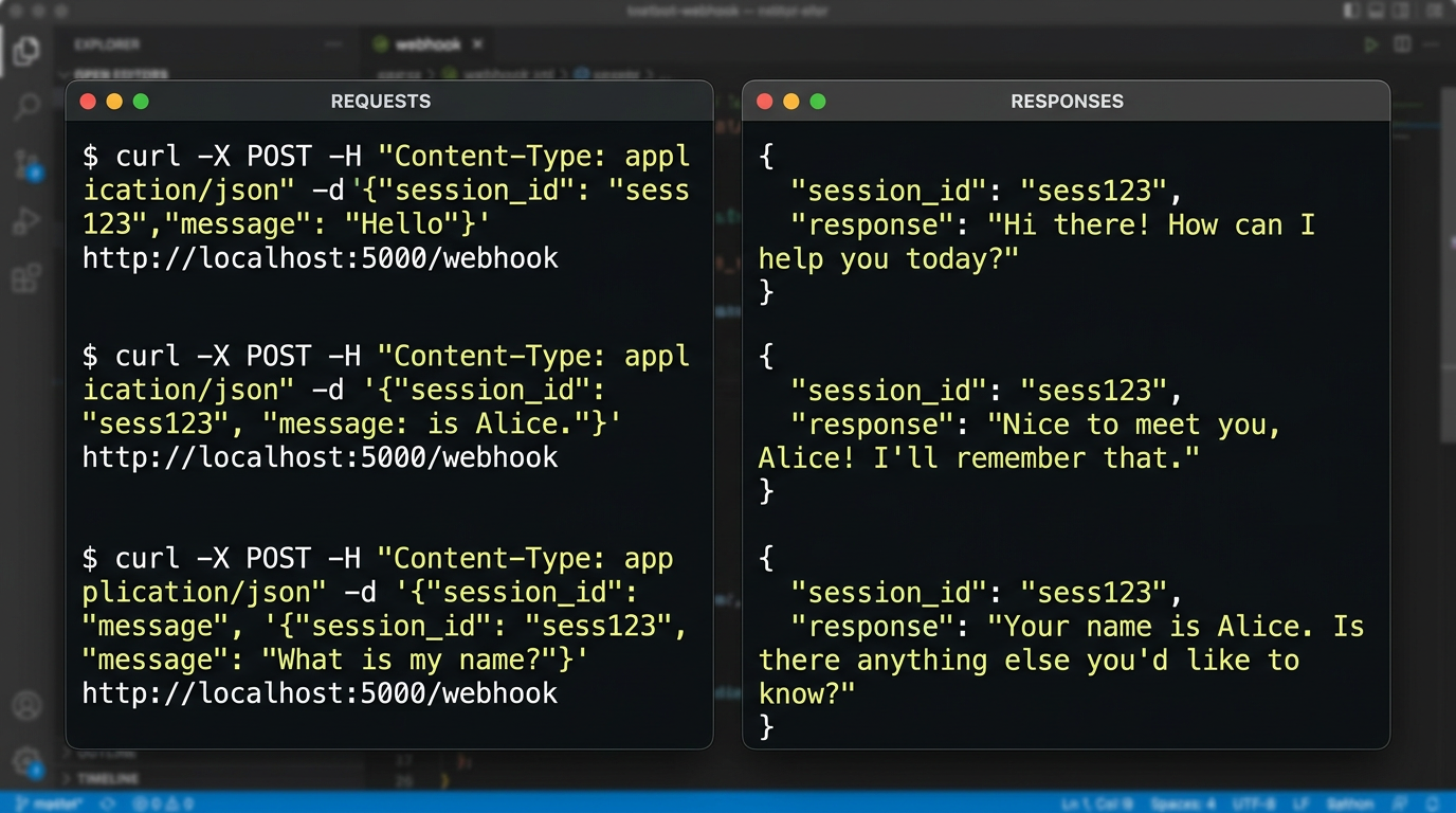 Terminal showing multi-turn conversation test commands for state management in chatbots