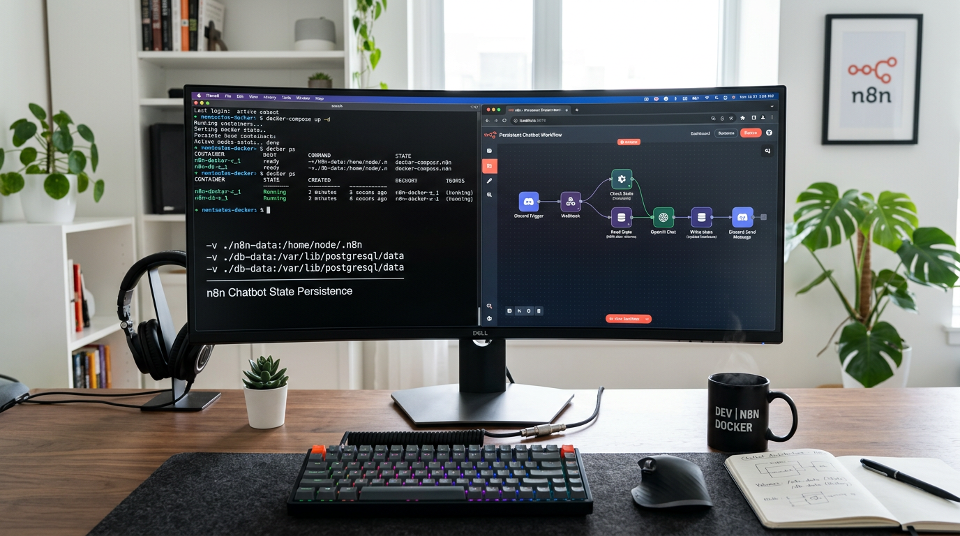 Developer workspace setting up Docker and n8n environment for state management in chatbots