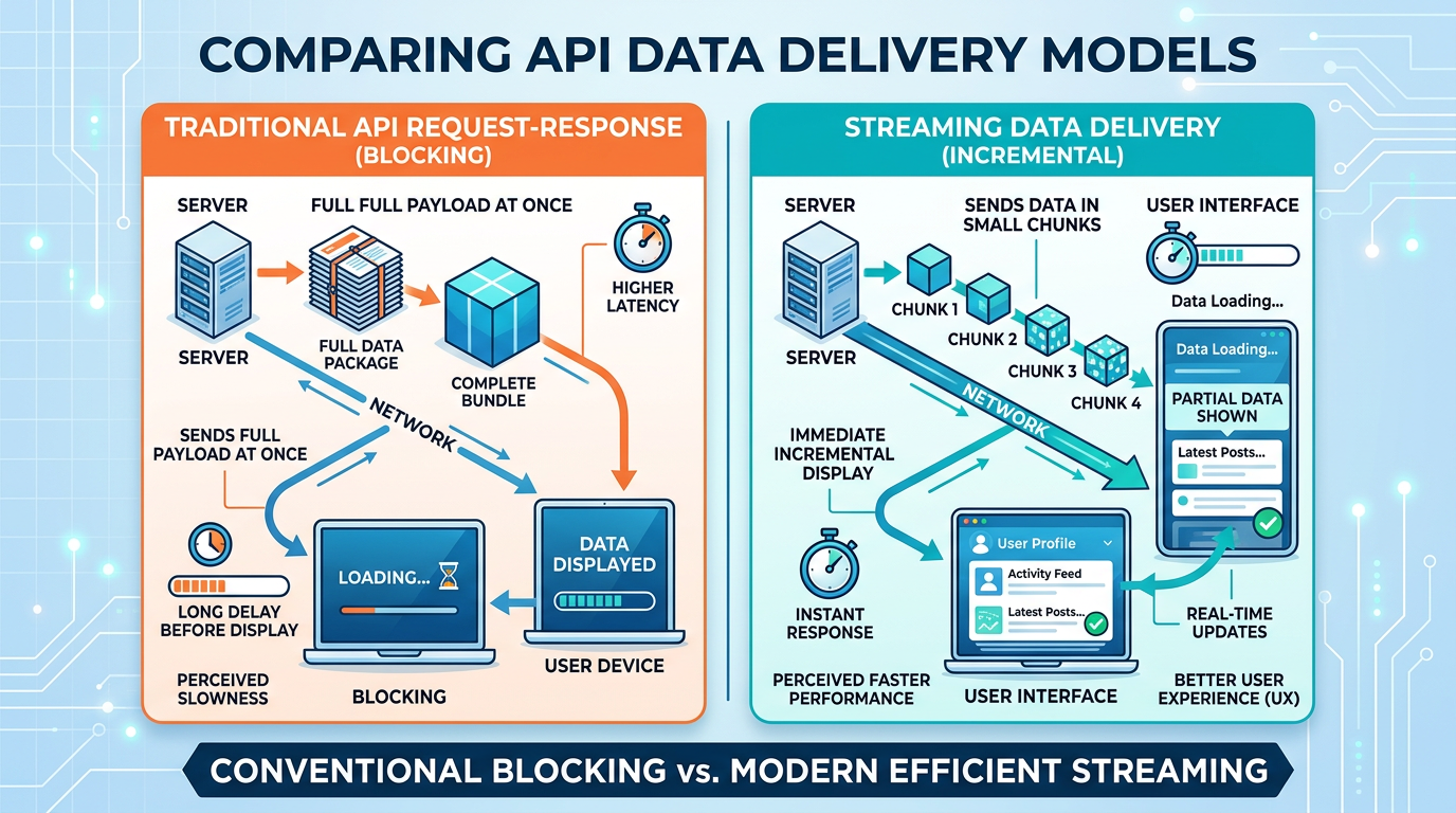 Streaming SDK tutorial infographic illustrating difference between traditional and streaming API responses with progressive data delivery
