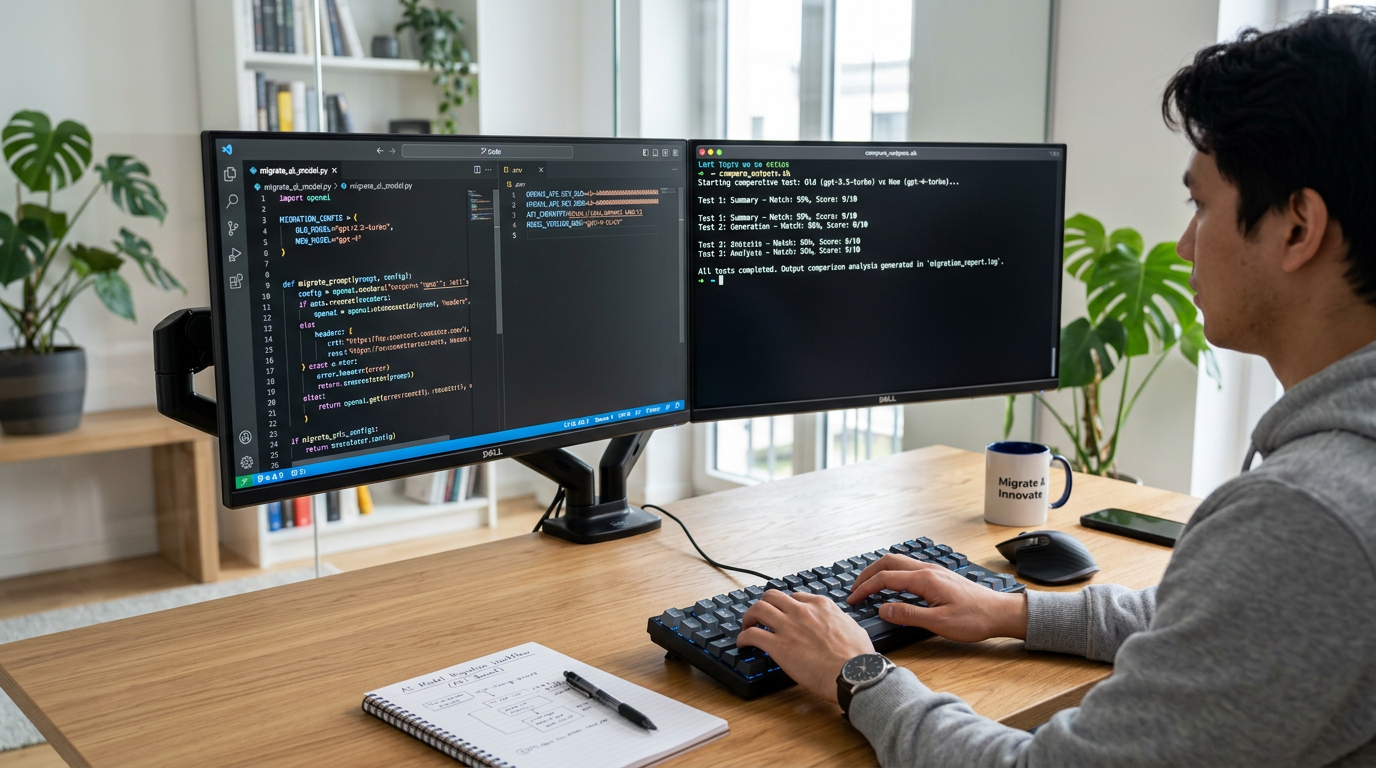 Developer workspace displaying code and terminal for API-based model migration guide with old and new model testing