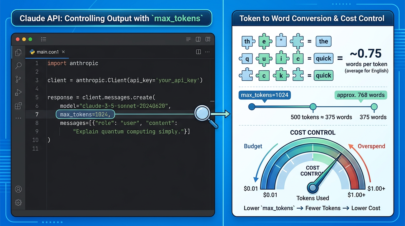 Code editor and infographic illustrating Claude API max_tokens usage for length and cost control