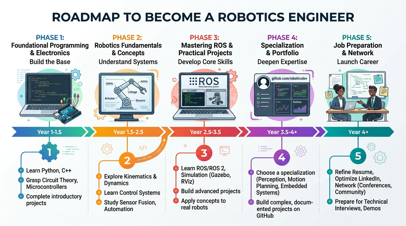 Step-by-step robotics engineering career roadmap for how to become a robotics engineer with phases and key skills