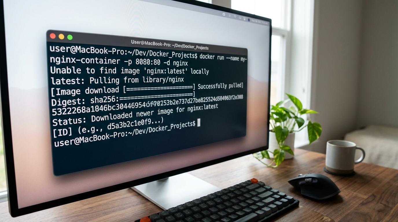 Terminal screen with Docker CLI running a container command demonstrating SDK vs CLI