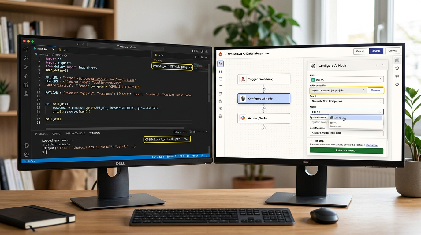 Developer and no-code builder workspace showing setup of Claude model API and automation node
