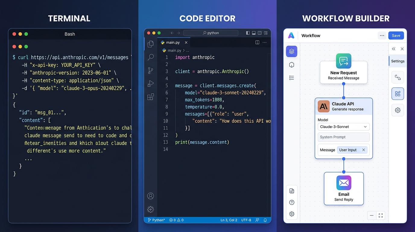 beginner Claude code guide integration methods with curl, Python SDK, and no-code workflow