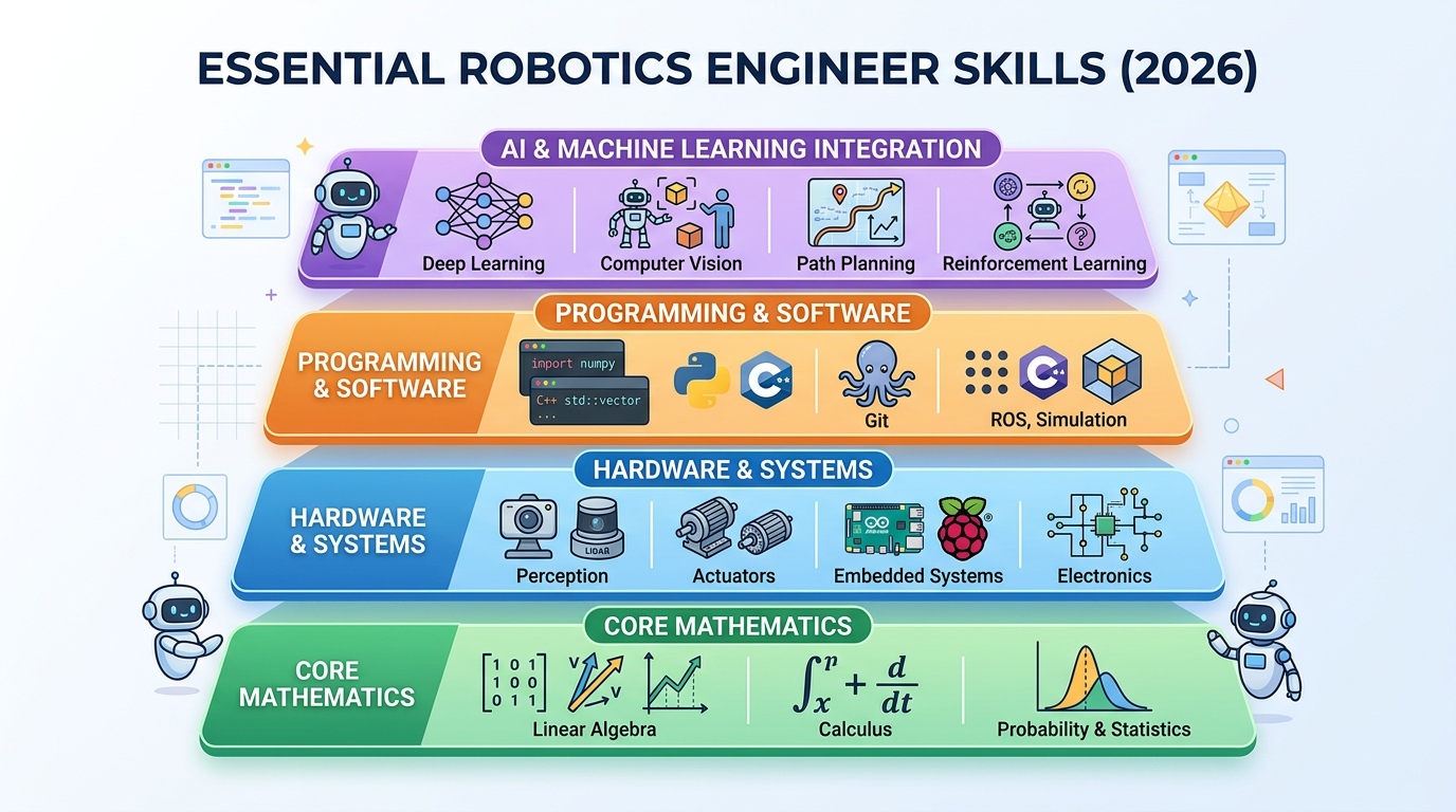 Essential robotics engineer skills including programming, math, hardware, and AI for robotics engineering in 2026