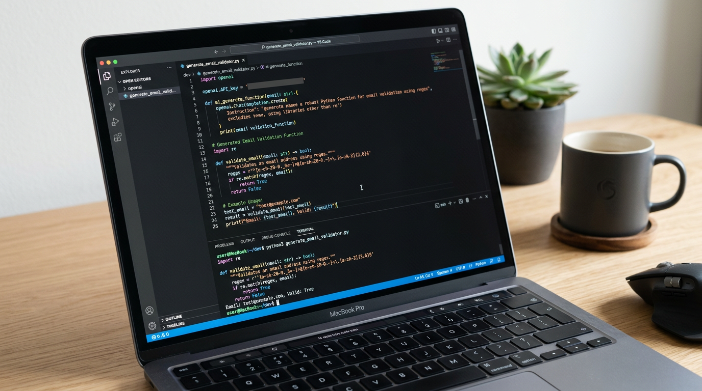 Laptop screen showing Python code using Claude API generating an email validation function and console output