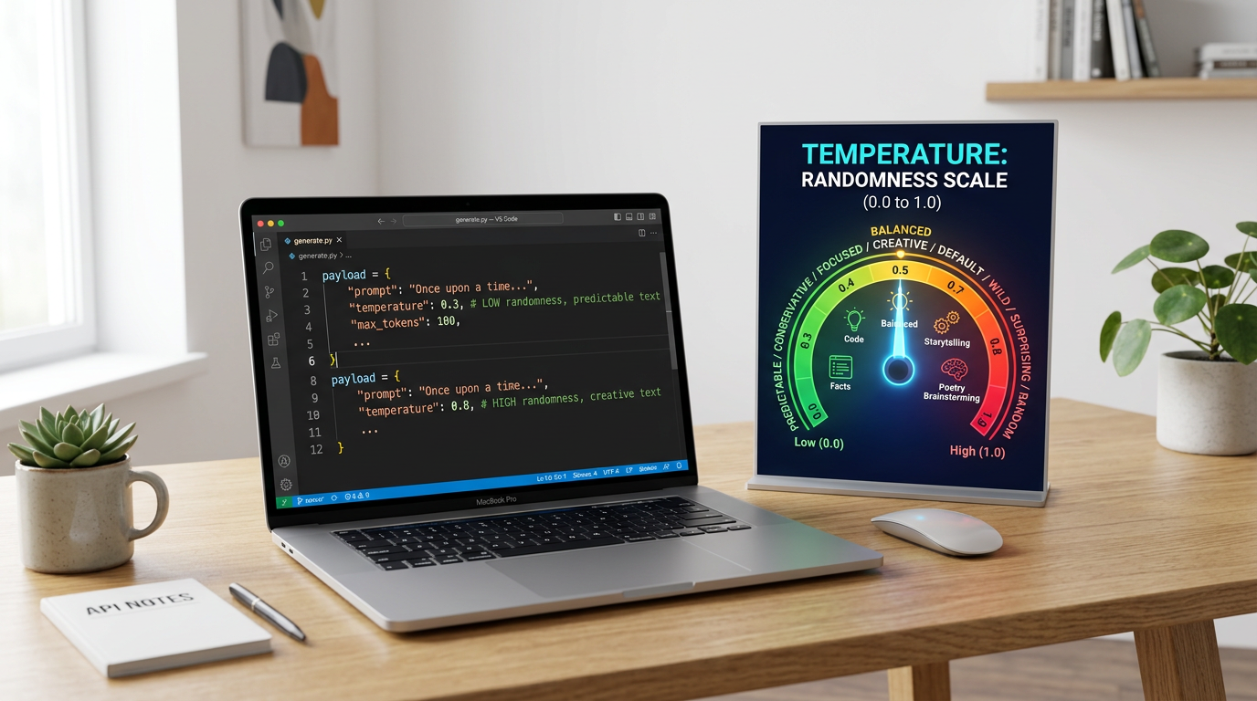 Claude API parameters tutorial workspace showing temperature parameter control with code editor and creativity dial infographic