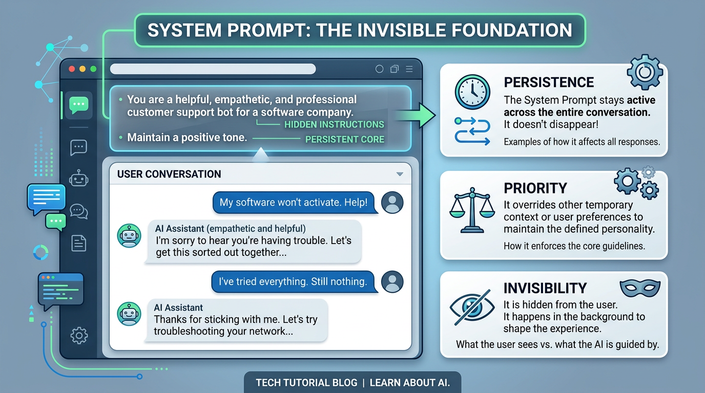 Diagram explaining defining Claude personality with system prompts showing interaction layers in AI conversation