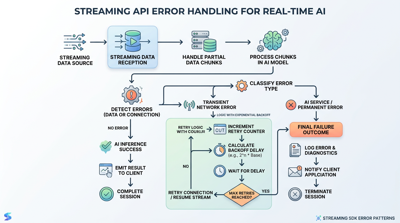 Streaming SDK tutorial flowchart showing error handling and retry logic for streaming responses
